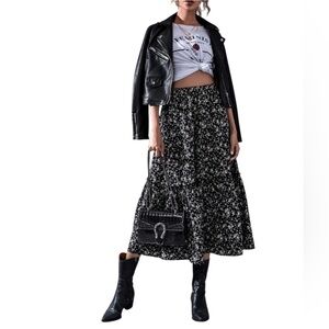 Catch Stitch Floral Print High Waist Frill A Line Flared Long Black Skirt M